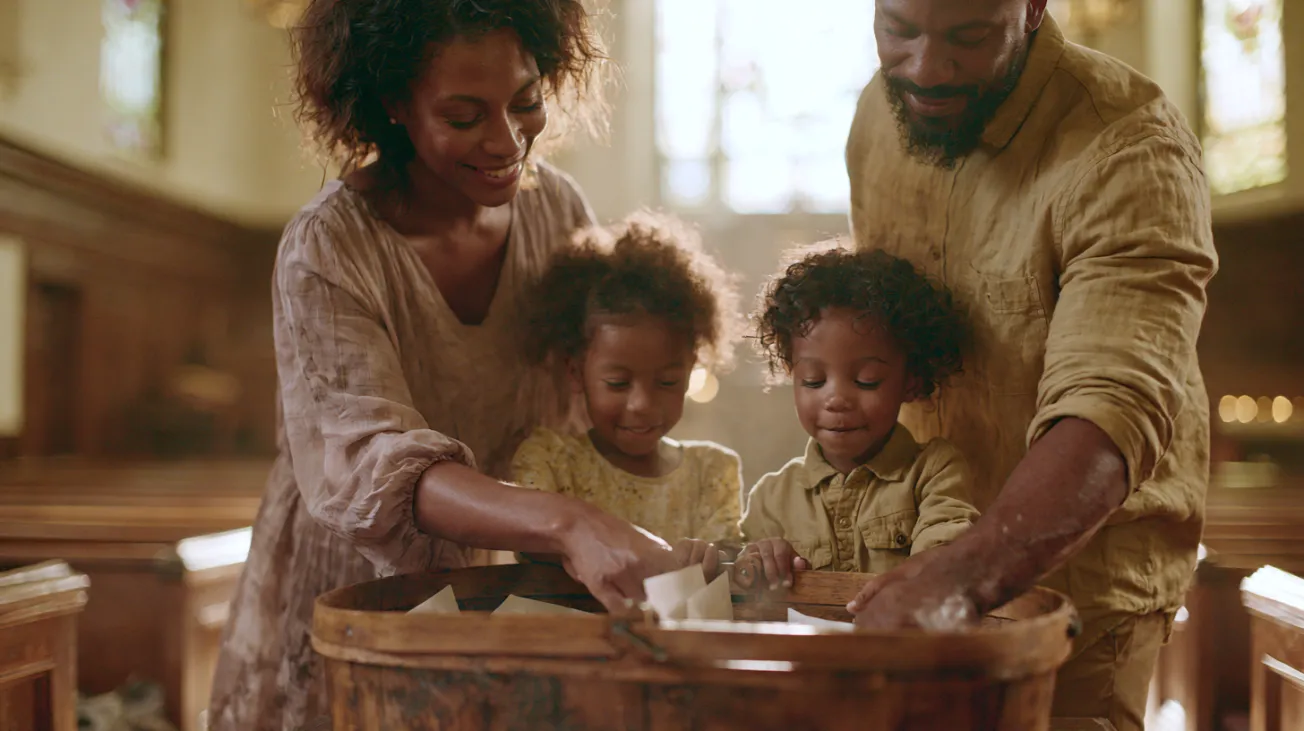 An African American family gives their offering to God